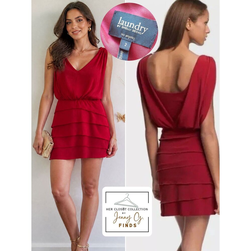 Laundry by Shelli Segal Ruby Red Bodice Drapey V-Neck Cocktail Mini Dress 2 NWT
